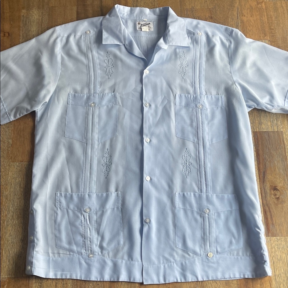 Guayabera Autentica Light Blue Embroidered Cotton Button Up Shirt Mens XL Mexico